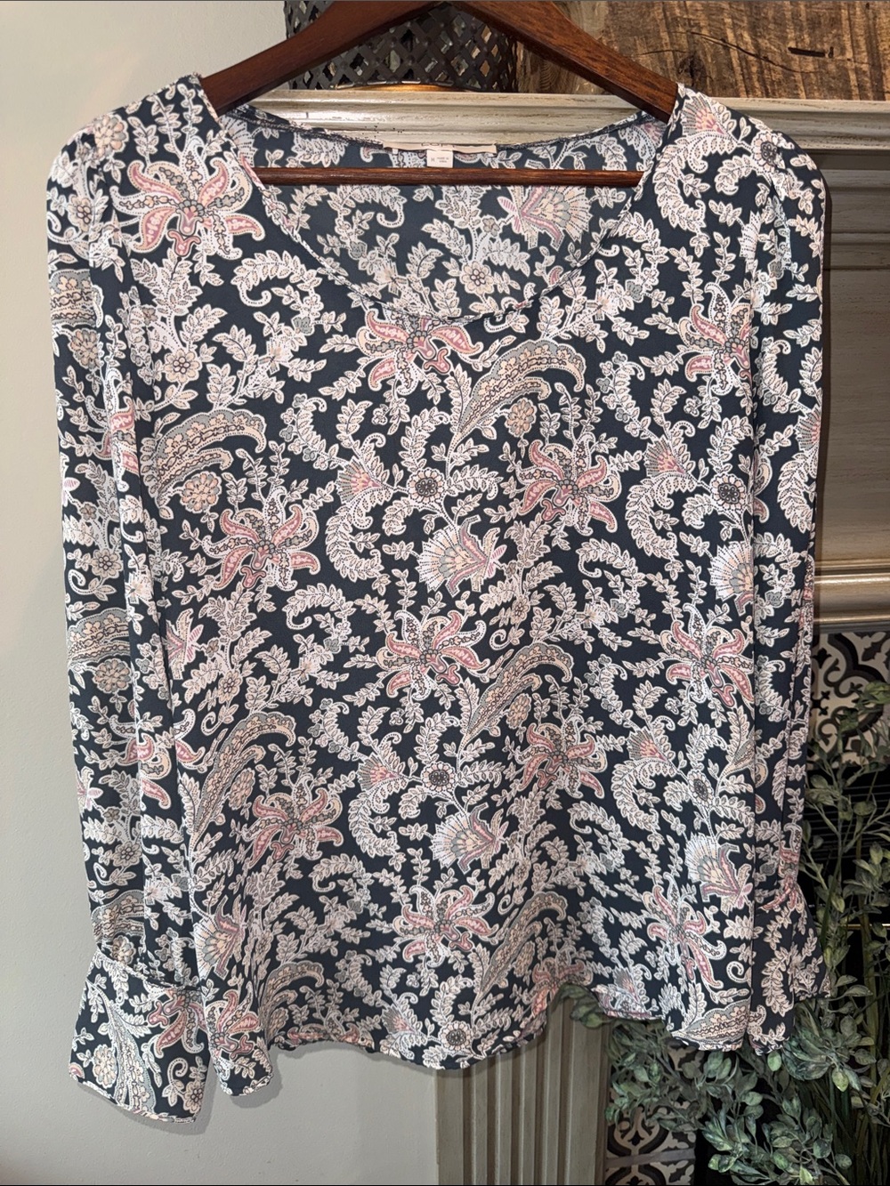 LOFT Paisley Floral Blouse with Pink & White Accents